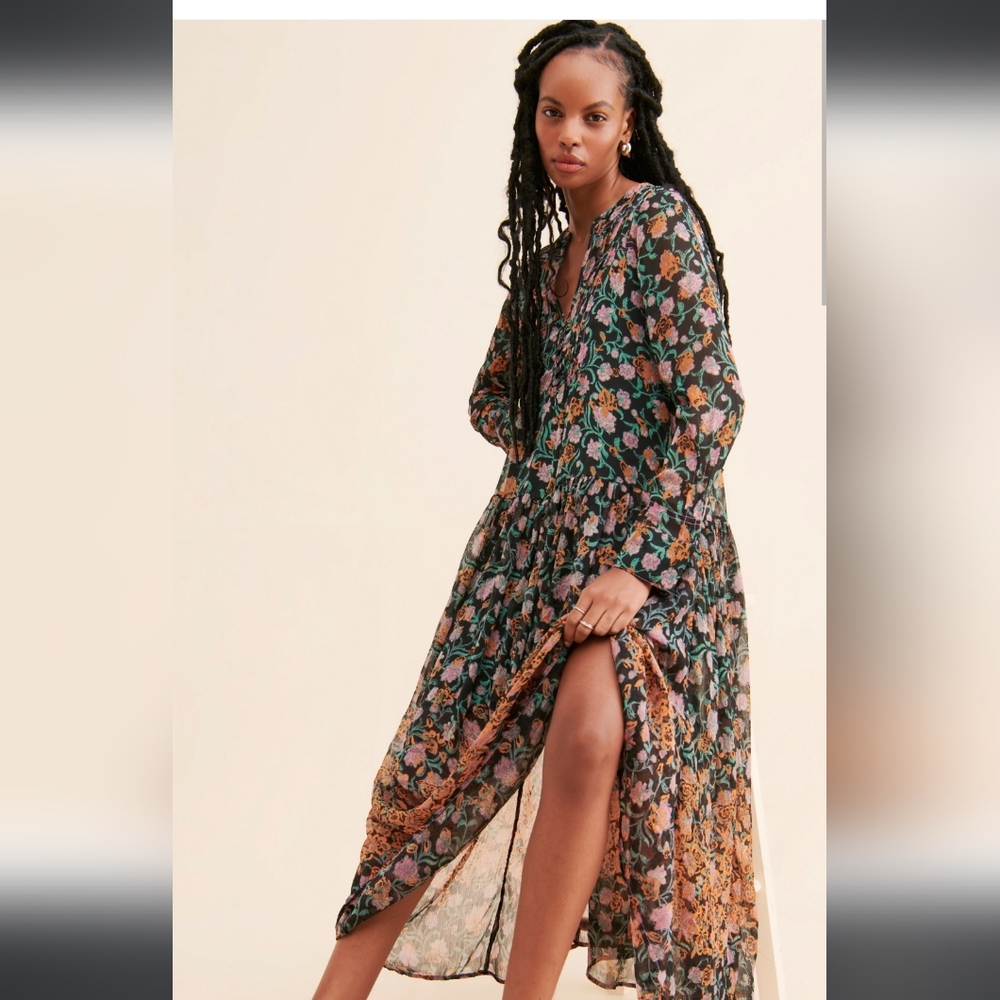 Free People See It Through Floral Maxi Black Green Combo Dress NWOT